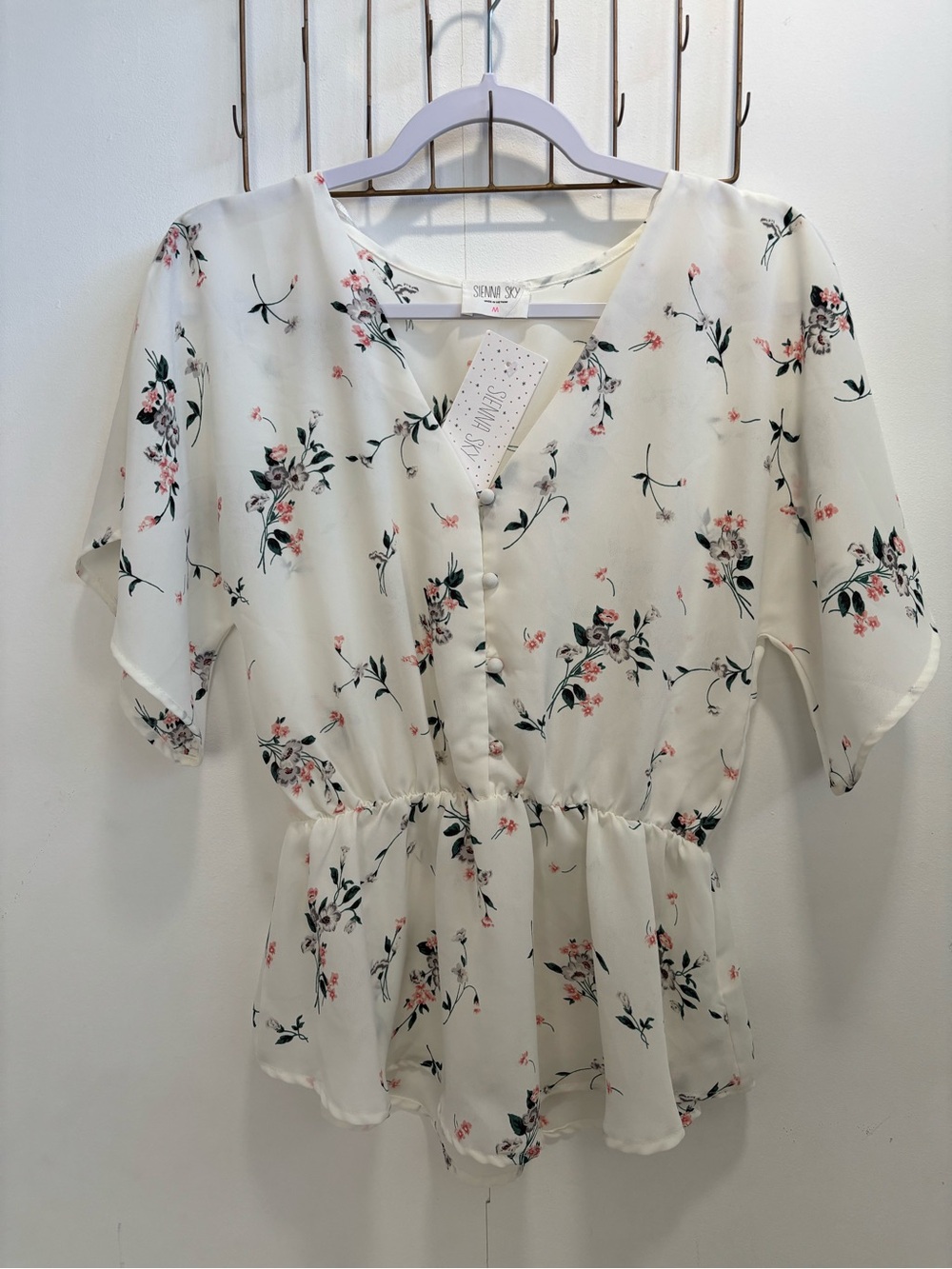 Sienna Sky Cream Floral Peplum Top with Pink & Green Accents